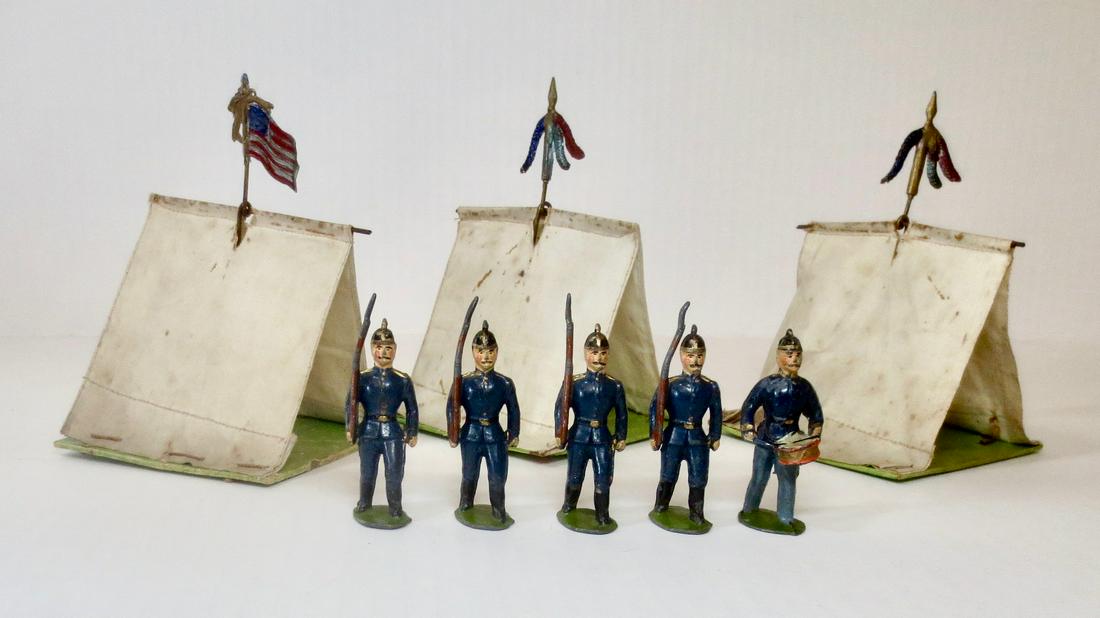 William Feix RARE U.S. Infantry with Tents: RARE U.S. Infantry with Tents and decorative flags. Circa 1903-1927. 8 pieces. Excellent condition. Unboxed.