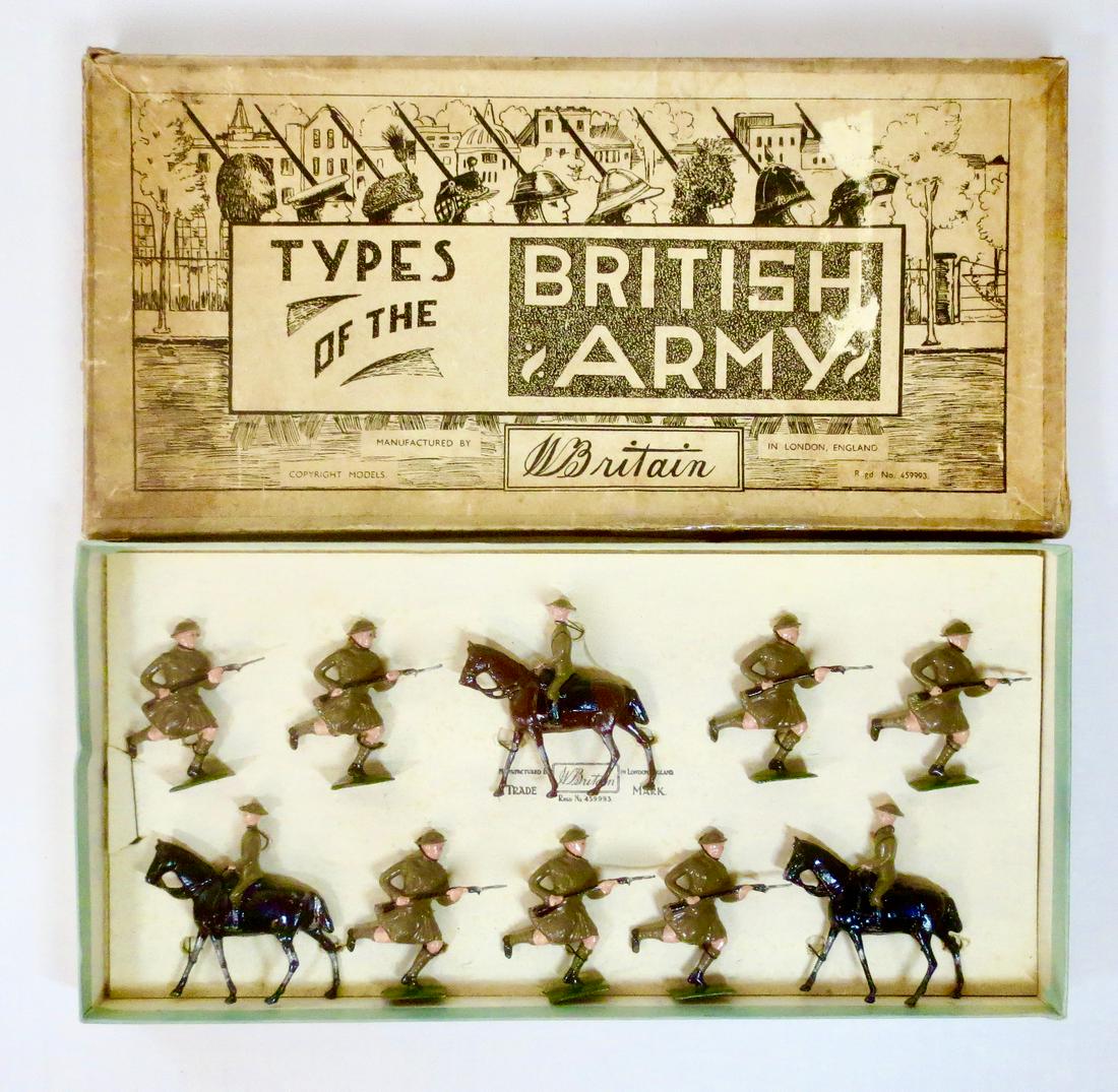 Britains #738a British Cavalry & Highlanders: British Cavalry and Highlanders in Khaki. Pre war. 10 pieces. Excellent condition, with a bit of paint wear. Tied to card in the original illustrated Types of the British Armies box. Box very good (2 