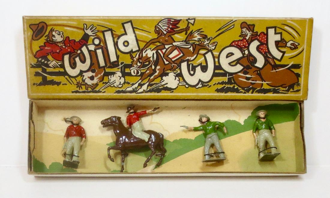 Britains #204s Cowboys: Cowboys from the Fort Series. Post war, in original comic Wild West box. 4 pieces. Near mint condition. Box excellent.