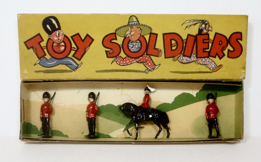 Britains #179s Footguards & Lifeguard: Footguards Marching at slope and Mounted Lifeguard. Post war tied in original box. 4 pieces. Excellent to very good condition. Box excellent.