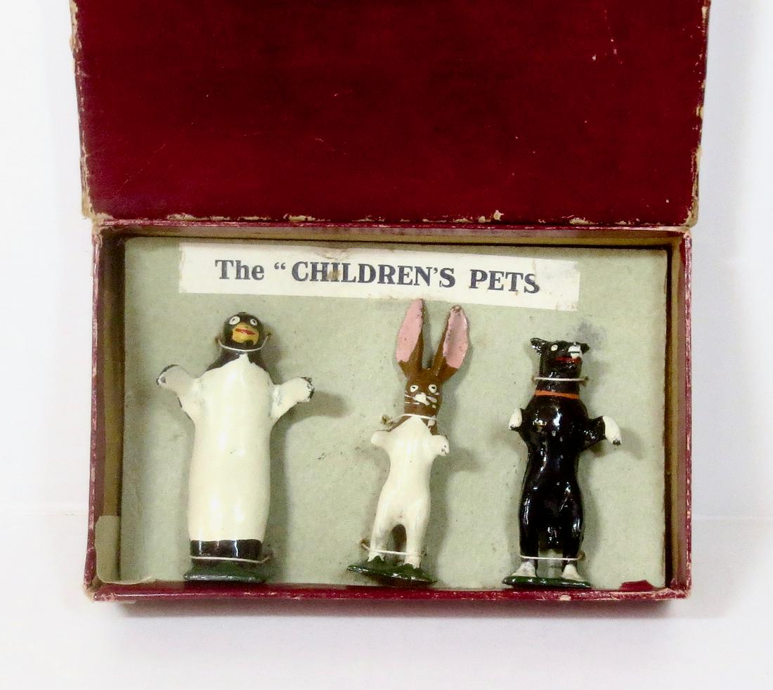 Pixyland Kew Pip Squeak and Wilfred: Rare Pip, Squeak and Wilfred. Based on the popular comic strip characters. Circa 1923. 3 pieces, tied in original plain red box. Measure about 2-1/4" tall. Excellent condition. Box in good condition.