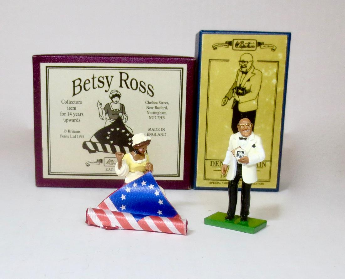 Rare Denis Britain Figure and Betsy Ross: Betsy Ross sewing the American Flag #5990, and very rare #3074 Denis Britain Special Collectors Edition Boxed Figures. Only 100 #3074 were ever produced. 2 pieces. Excellent condition. Boxes excellent