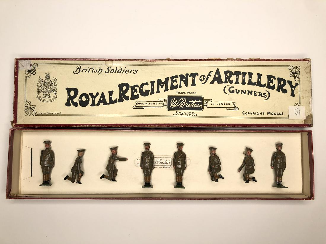Britains Set #313 Royal Artillery Gunners: Pre War in Whisstock Box on replacement tie card. 8 Pieces. Condition Figures Pristine, Box Very Good.