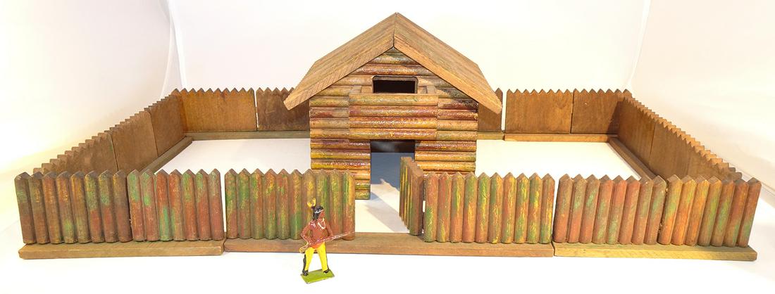US Zone, Germany, Wood Cabin and Stockade: 8 fence pieces (4 -8" long, 4- 5 1/2"long), wood cabin 9" high to roof peak (roof removable), cabin footprint 6" x 7", compound footprint 10 1/2" x 21", 54mm figure included for scale purposes only, n