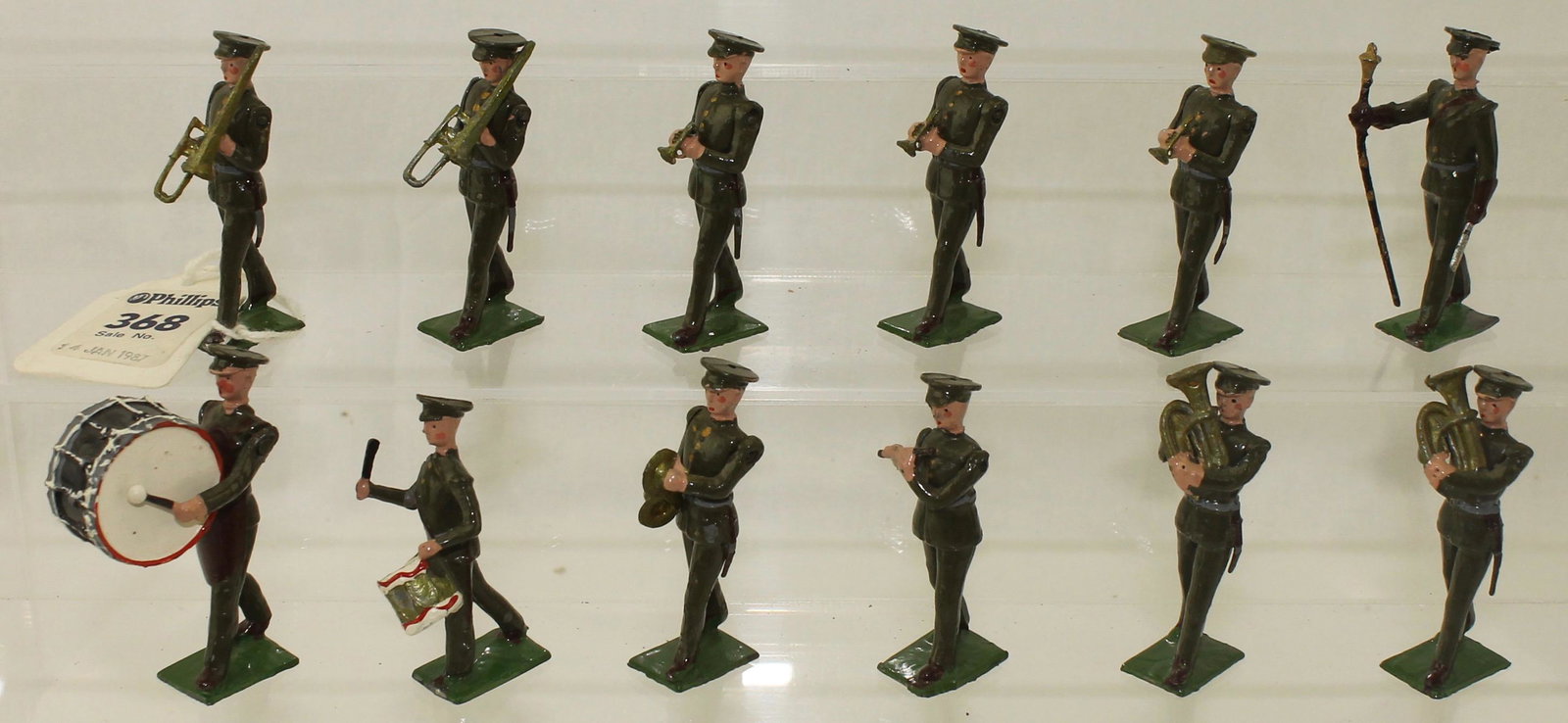 Britains Set #1301 US Military Band: United States Military Band. Made 1946-55. Metal Drums. 12 Pieces. Condition Excellent. No Box.