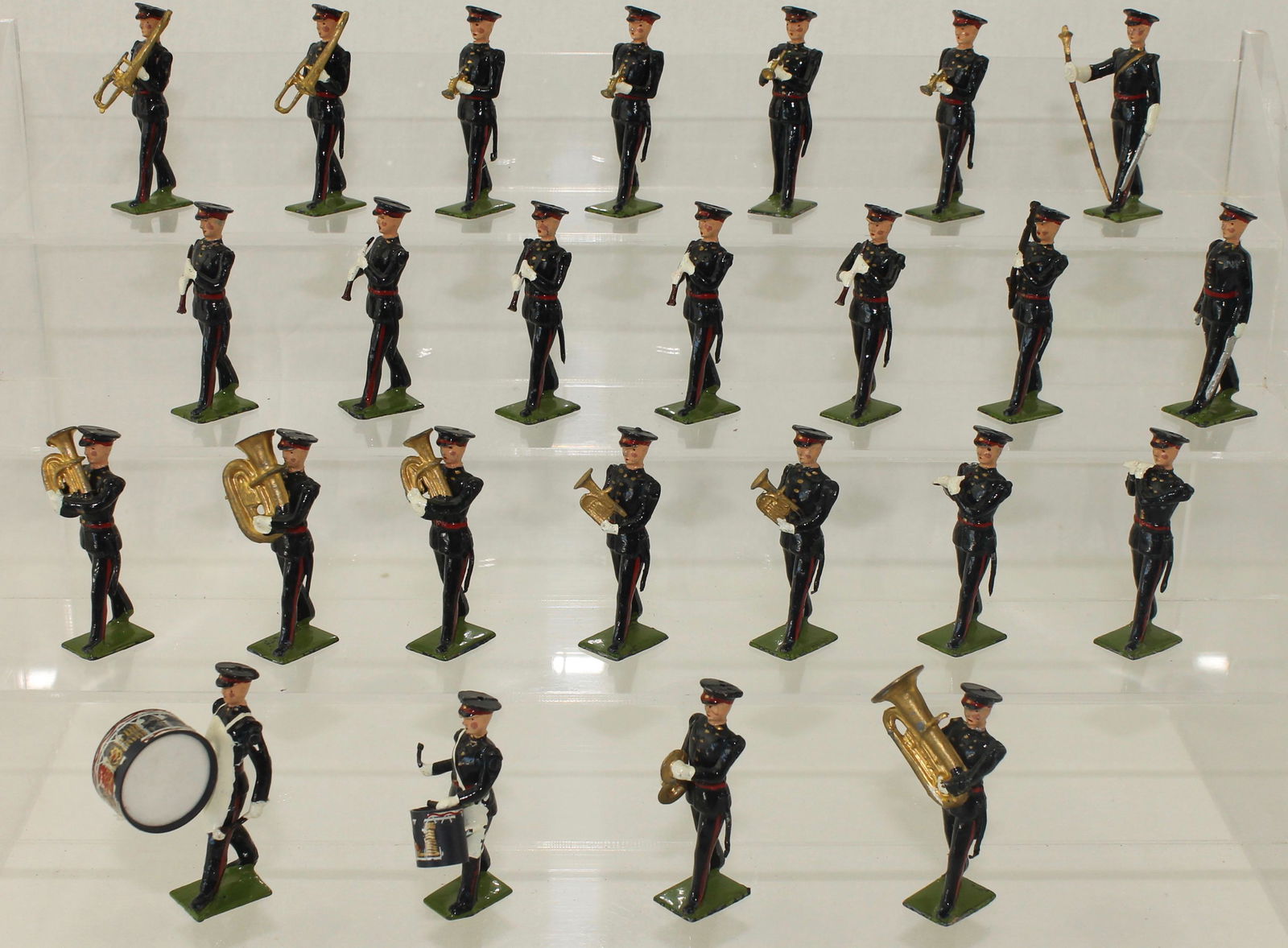 Britains Set #2093 Berkshire Regiment Band: Band of the Royal Berkshire Regiment. Made only 1956-59. Set Composition Varies Slightly from Cataloged Contents with 5 Clarinets and 2 Fifes. Plastic Drums. 25 Pieces. Condition Very Good to Excellen