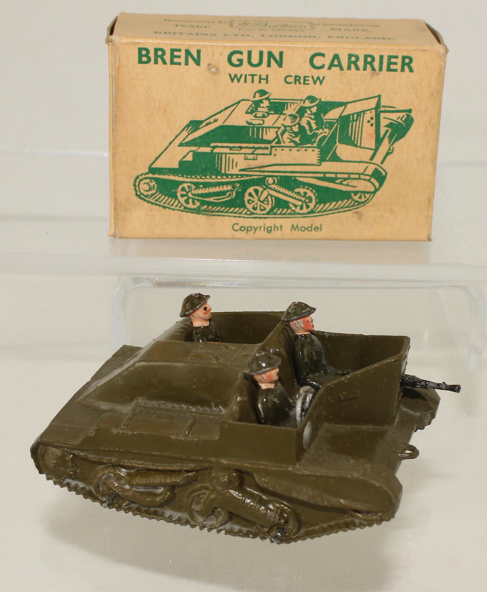 Britains Set #1876 Bren Gun Carrier with Crew: Bren Gun Carrier with Crew. Made 1946-60. 4 Pieces. Condition Very Good to Excellent. Box Very Good.