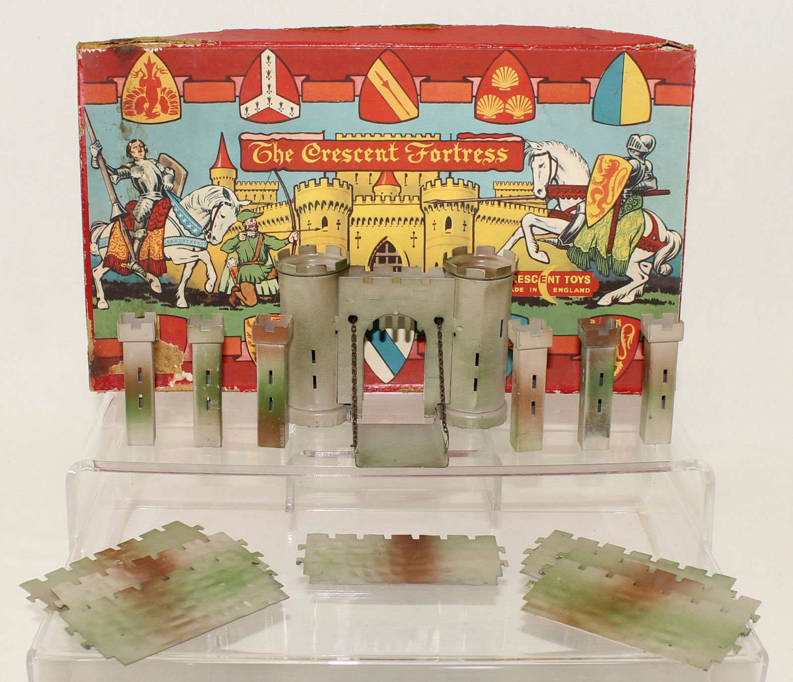 Crescent Fortress: Crescent Fortress. 14 Pieces. Condition Very Good. Box Fair, Crushed. Lacking Figures and Inserts, Castle Only.