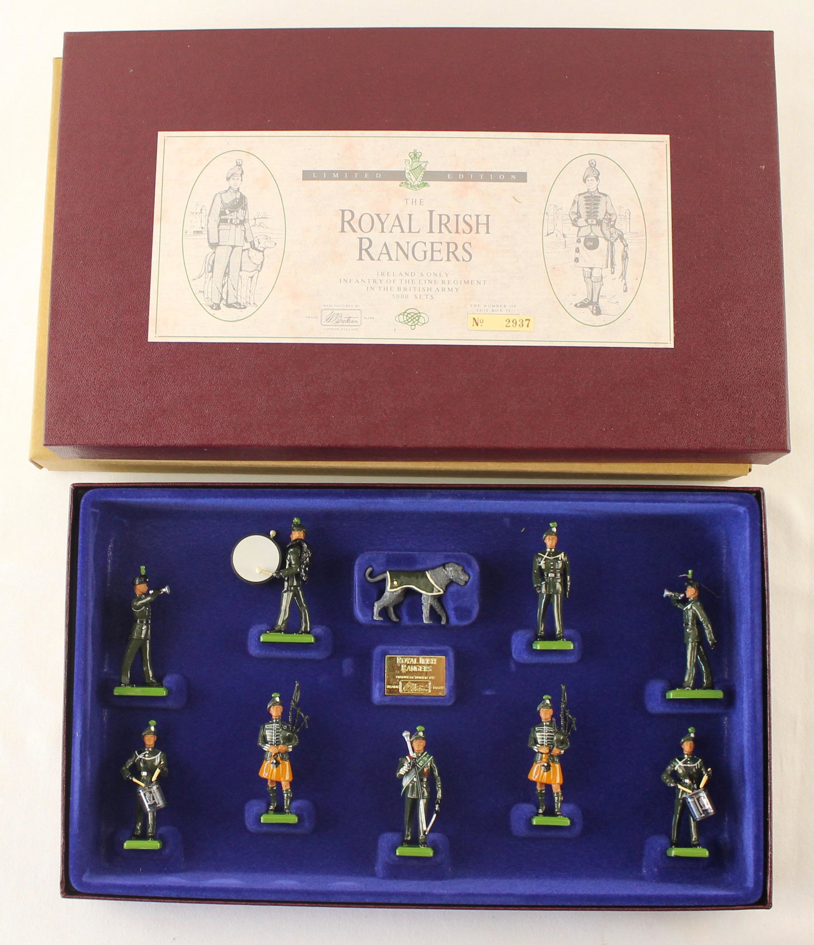 Britains Royal Irish Rangers: Special Limited Edition Series. Royal Irish Rangers. Set #5192. Limited Edition #2937 of 5000. 10 Pieces. Condition Mint. Box Mint in Original Slip Case.