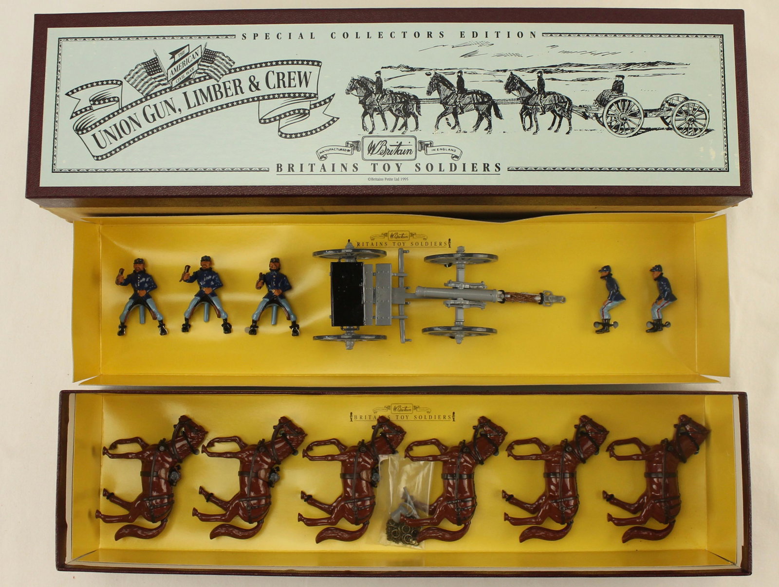 Britains ACW Union Gun Limber with Crew: Britains Special Collectors Edition. ACW Union Gun Limber with Crew. Set #8869. 13 Pieces. Condition Mint. Box Excellent with Original Slip Case.
