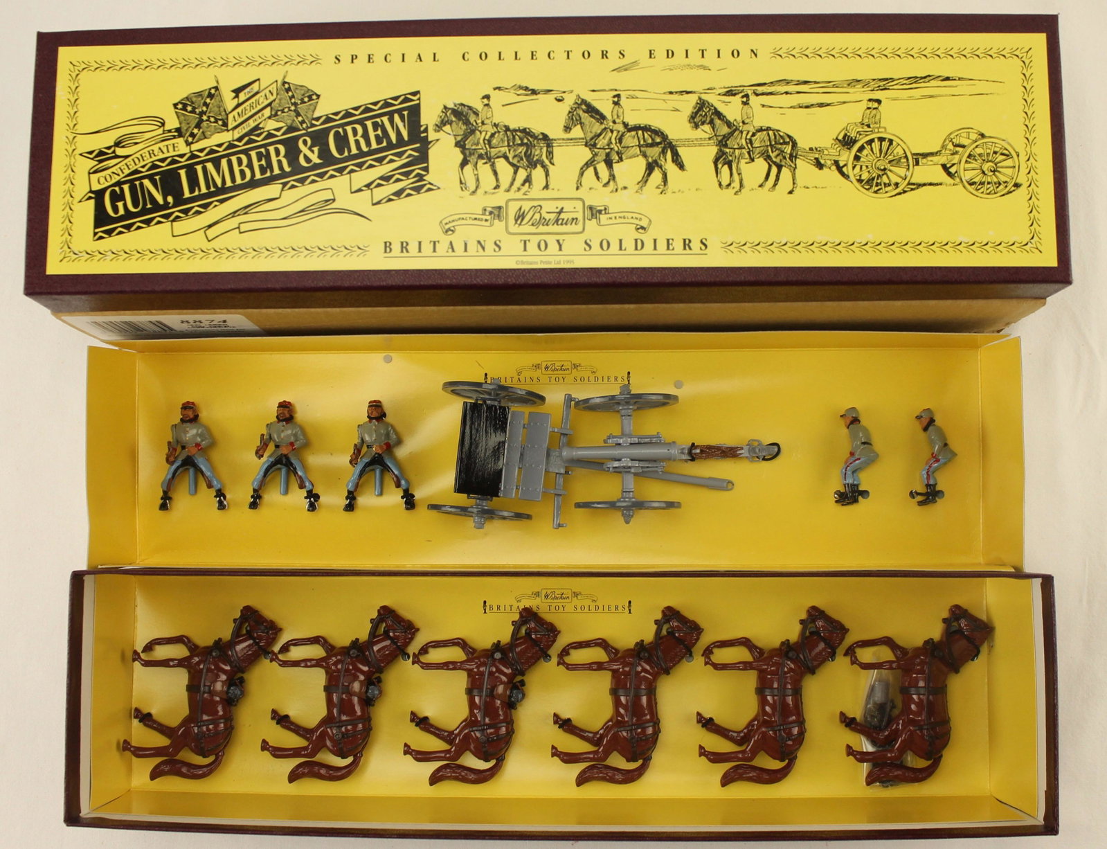 Britains ACW Confederate Gun Limber with Crew: Britains Special Collectors Edition. ACW Confederate Gun Limber with Crew. Set #8874. 13 Pieces. Condition Mint. Box Excellent with Original Slip Case.
