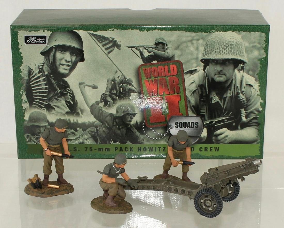 Britains WW II US 75mm Pack Howitzer and Crew: World War II. United States 75mm Pack Howitzer and Crew. Set #17249. 4 Pieces. Condition Near Mint. Box Excellent.