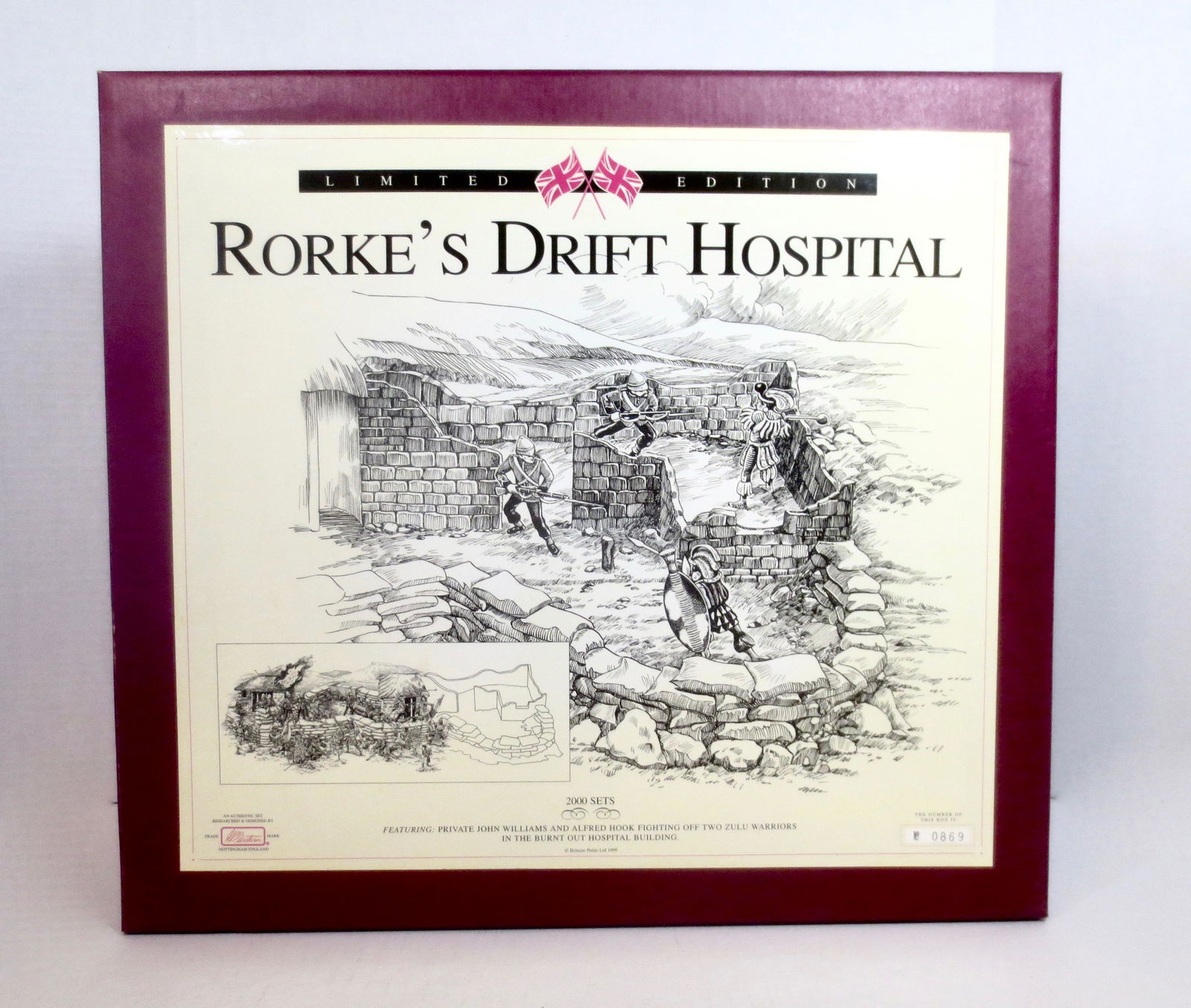Britains #00143 Rorke's Drift Hospital: Rorke's Drift Hospital. Featuring; Private John Williams and Alfred Hook fighting off two Zulu warriors in the burnt out hospital building. Limited Edition. 5 pieces. Mint condition. Box mint, with ou