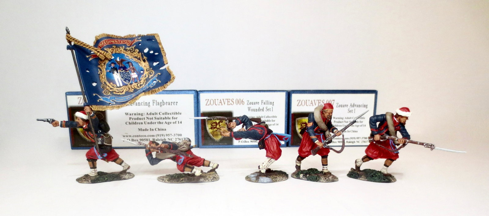 Conte Zouaves #006, #007, and #008: Zouaves, Advancing, Flagbearer, and Wounded. 5 pieces. Near mint condition. Boxes excellent.