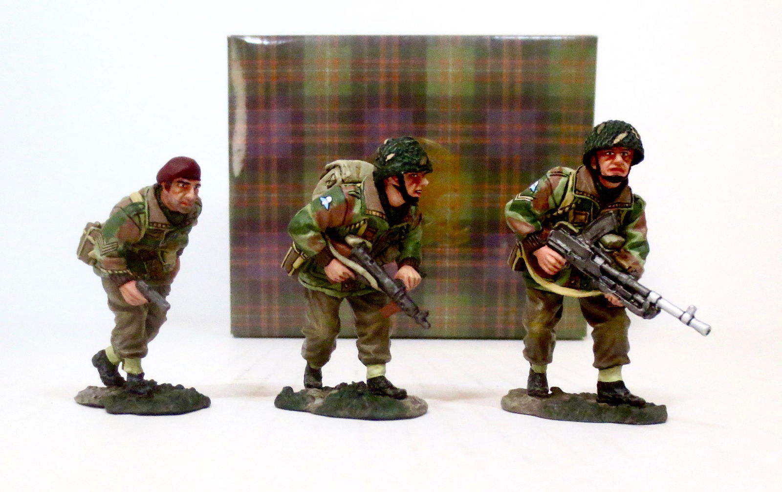 King & Country #MG015 "Advance to Contact": Three airborne men edge cautiously forward - Glider Pilot Sergeant Chris Hopwood, Corporal Pete Foster with the Bren gun, and Private Eric Stanley clutching his Sten. 3 pieces. Retired set. Near mint