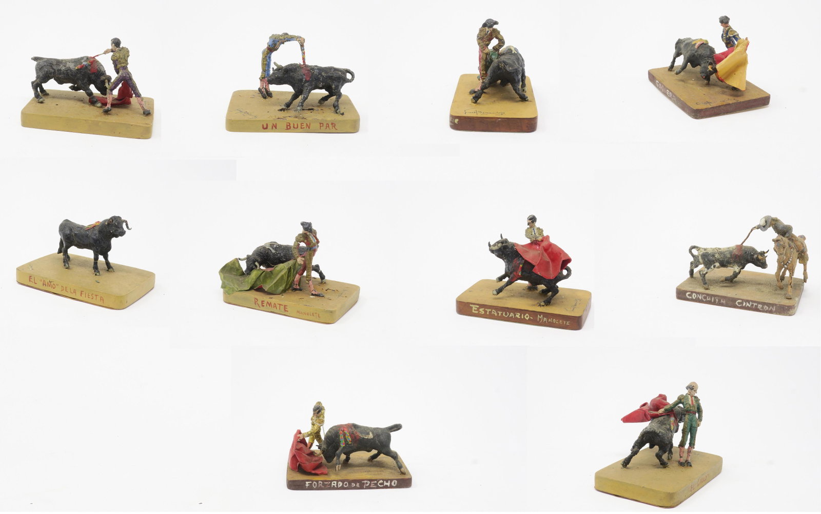 Spanish/ Colombian Bull fight: 54mm figures mounted on diorama bases 1956 Almacess, Bogota; Composition material, Individually sculpted. Fair, some paint flaking; one Picador poor, 10 pieces