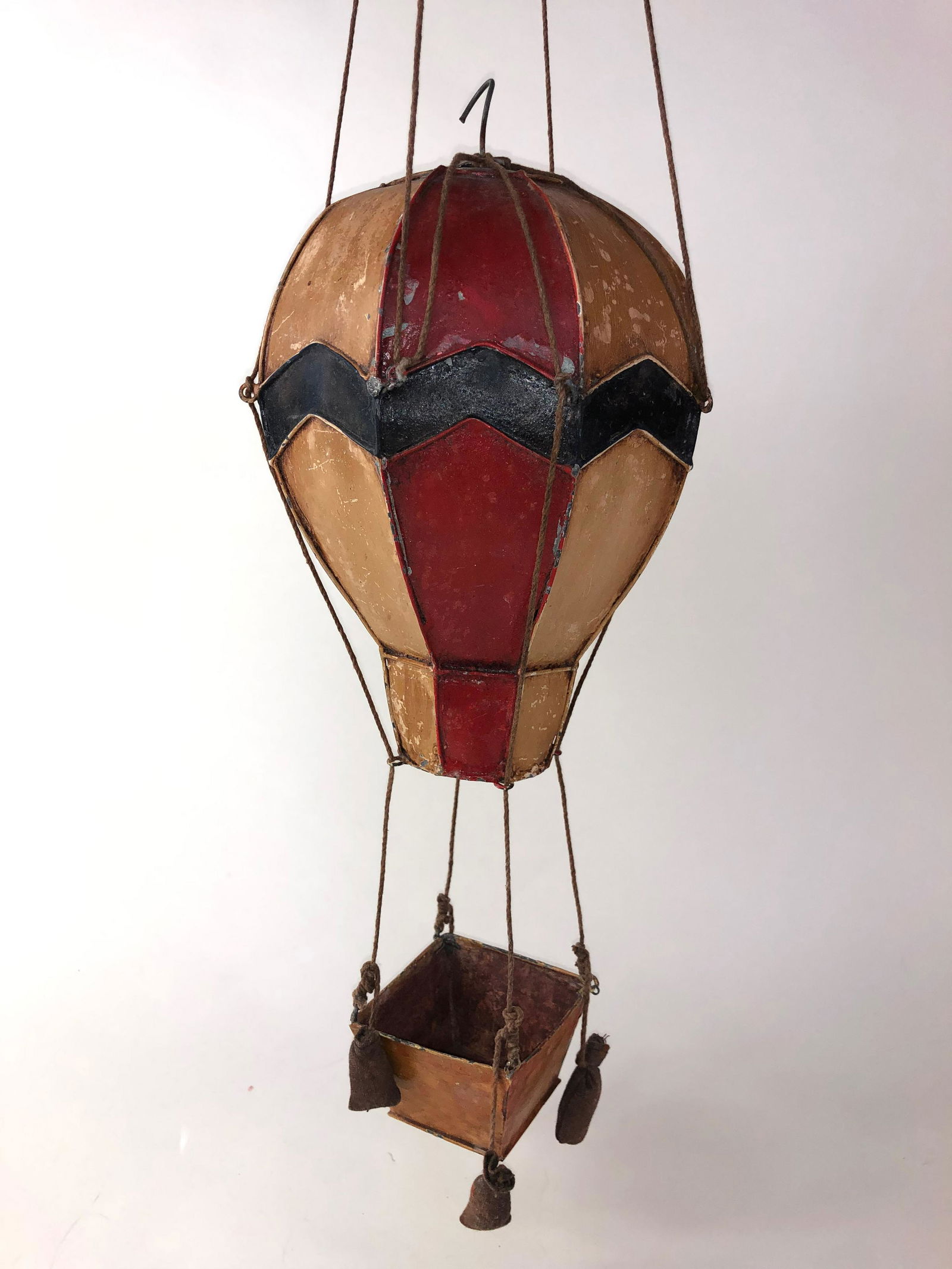 Tin and Leather 60mm Balloon: It is 13 inches tall. Made of tin and leather. The bucket is 2-1/2 inches square. Contemporary manufacturer.