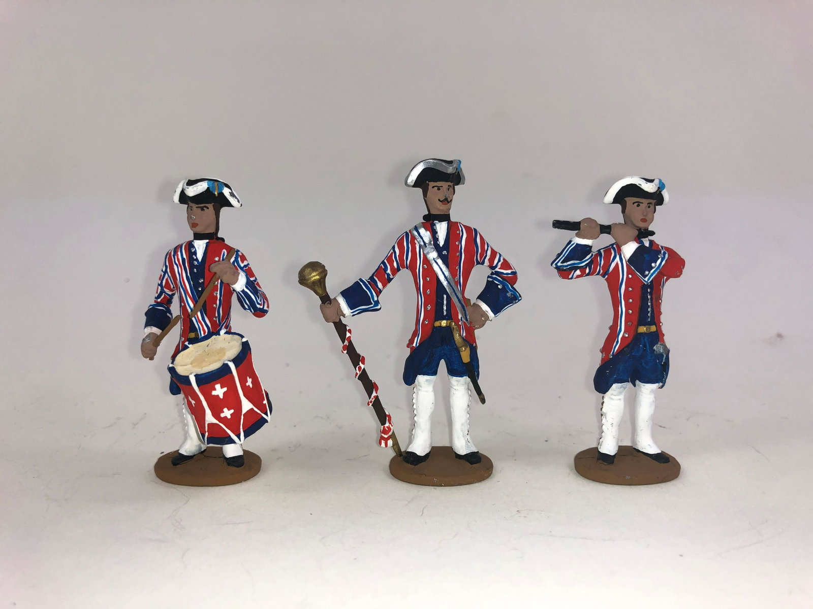 Piedmont 17th Century Drum and Fife: 3 pieces. Made by Palomeque. Matt finish . They are 2 -1/2 inches tall each. The figures are in very good condition to excellent overall.