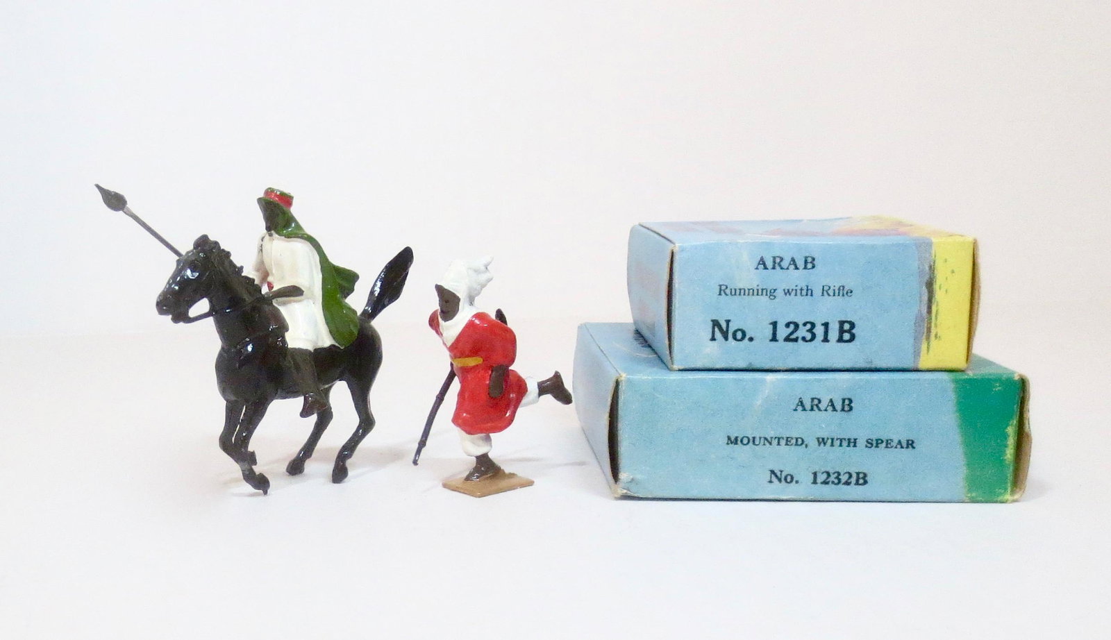 Britains Arabs of the Desert Picture Packs: Includes; #1232B Mounted with Spear, and #1231B Running with Rifle. 2 pieces. Near mint condition. Boxes excellent.