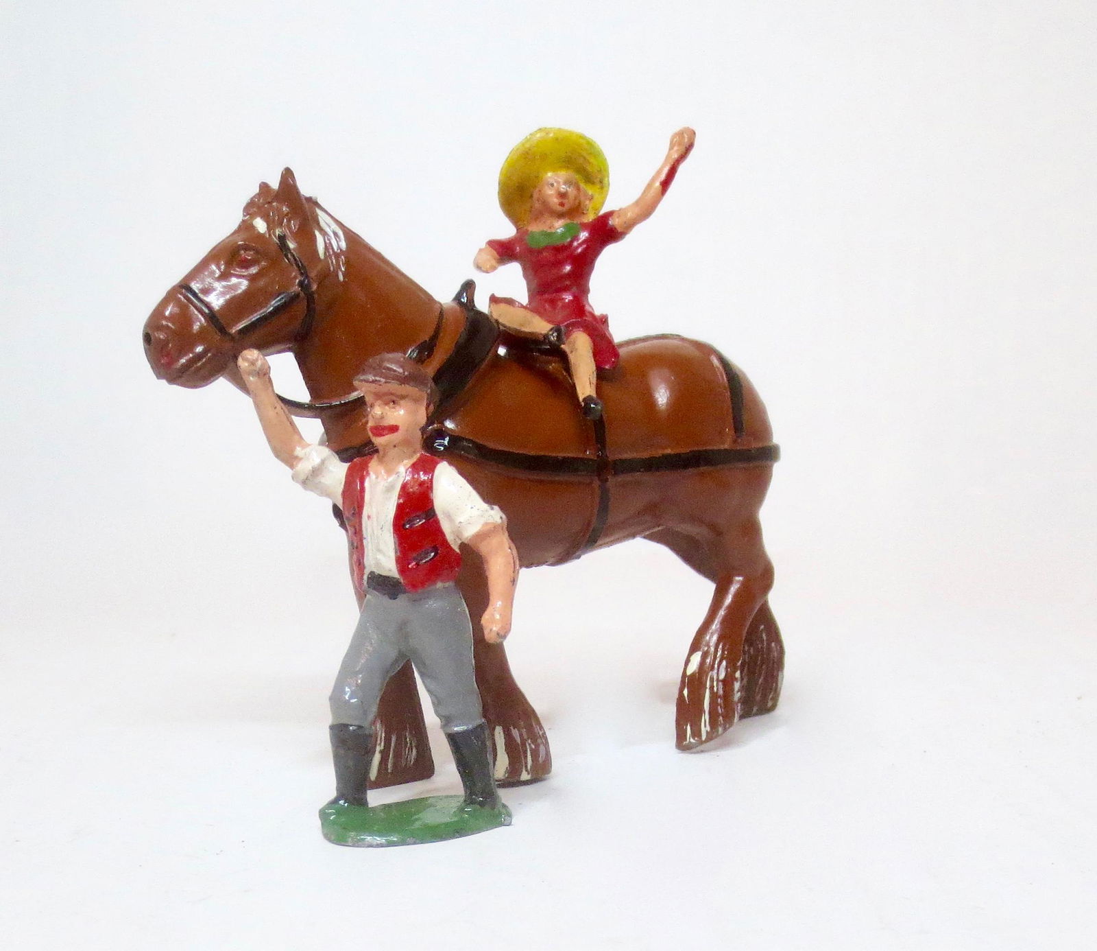 Benbros VERY RARE Farm Girl on Cart Horse: Hard to find set, with exceedingly Rare extra large cart horse. 3 pieces. Excellent to good condition (Horse has been repaired (crack on chest and belly).