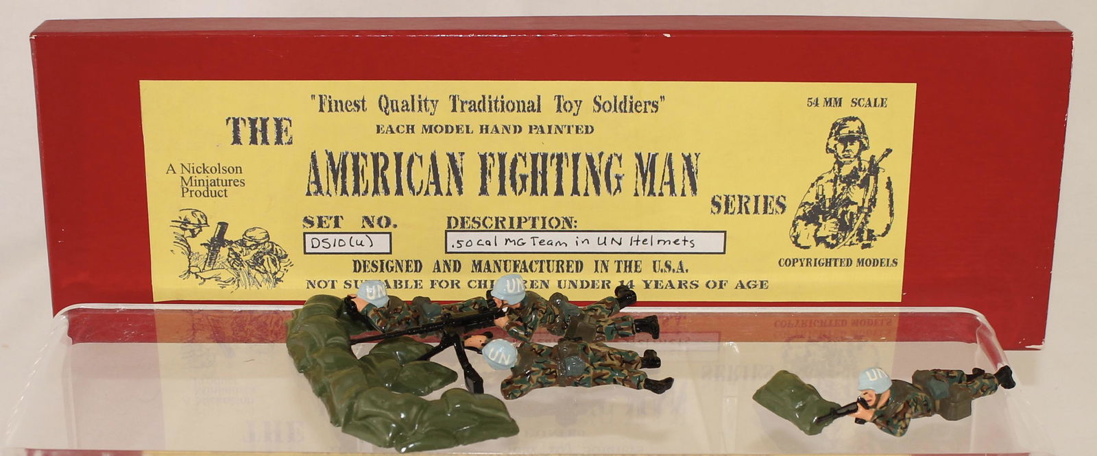 Nickolson United Nations Machine Gun Team: American Fighting Man Series. United Nations 50 Cal Machine Gun Team. Set #DS10(U). Light Blue Helmets. 8 Pieces. Condition Mint. Box Very Good.