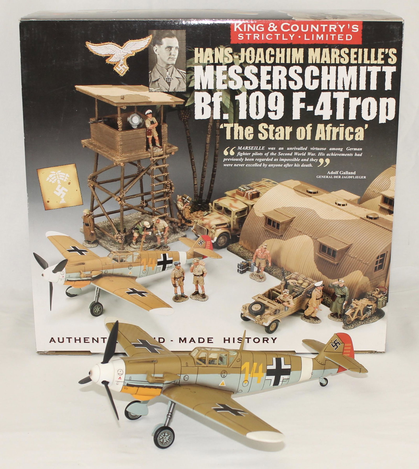 King & Country Marseille Messerschmitt: WW2 Afrika Corps Series. Messerschmitt BF 109F-4Trop, "The Star Of Afrika." Hans-Joachim Marseille and his BF109. Set #AF071(SL). Strictly Limited Edition #177 of 999. 2 Pieces. Condition Near Mint. B