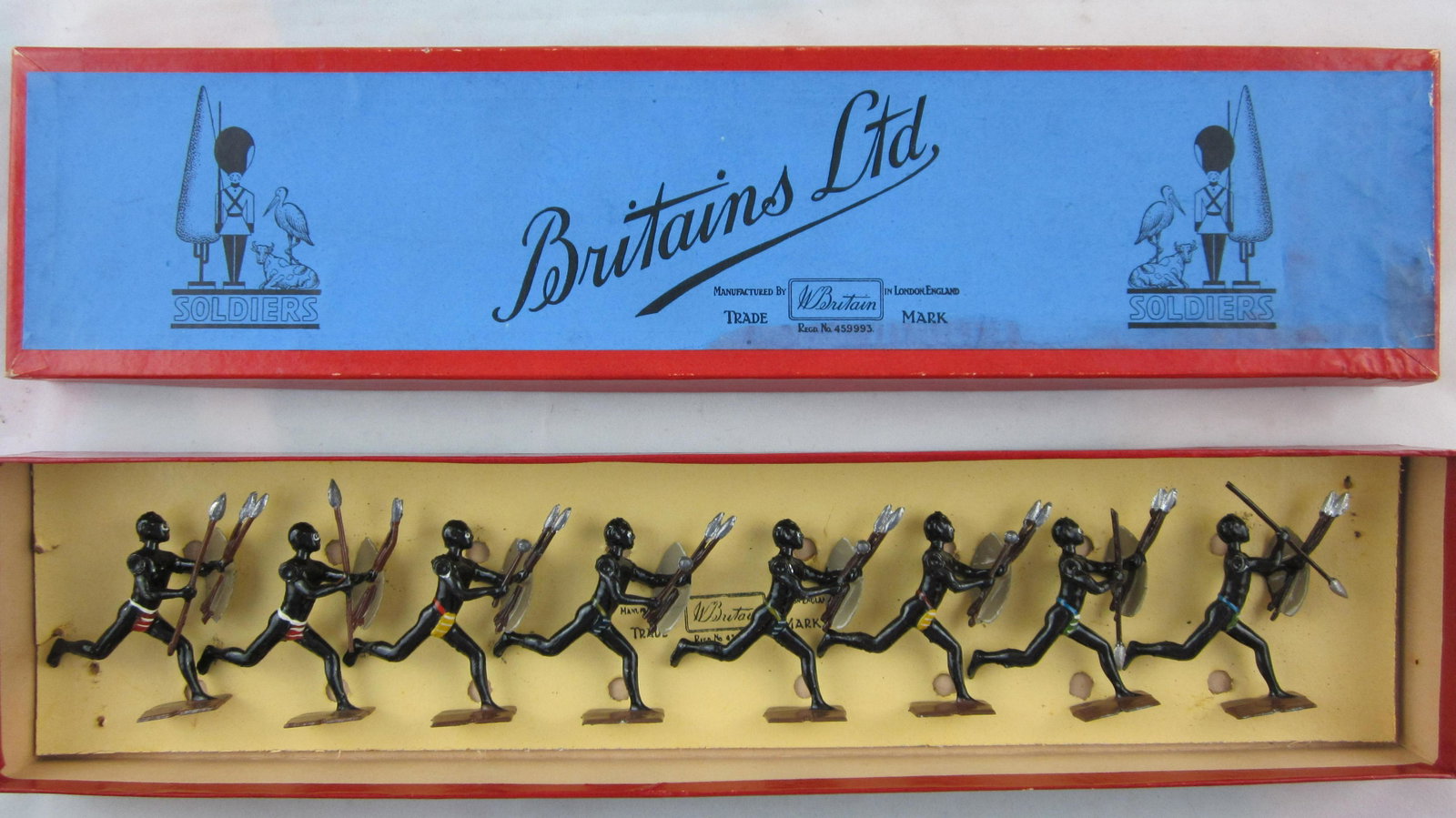 Britains Set #147 Africa's Savage Zulus.: Boxed Zulus. 8 pieces circa 1950, 4 with spears (2 overhand, 2 under) & 4 with knobkerries. Condition excellent in very good Stork & Pinetree label box.