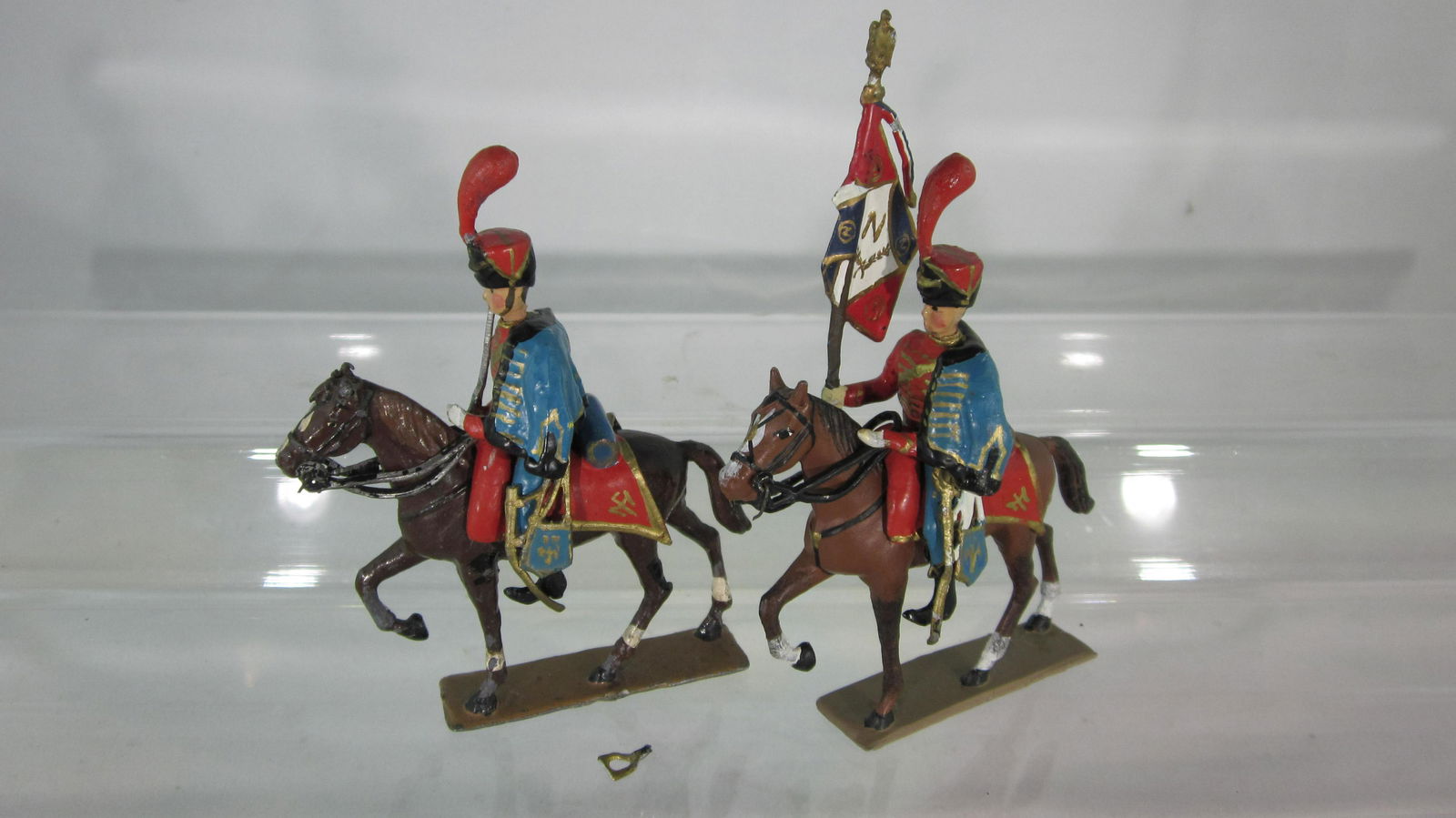 Lucotte Napoleonic Jerome Napoleon Hussars.: French Jerome Napoleon Hussars in semi-gloss paint. 2 pieces, Officer & Standard circa 1965. Condition very good, 1 stirrup off but present, another stirrup gone. No box.
