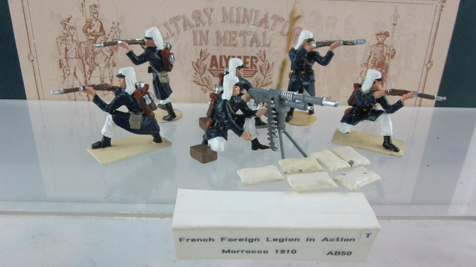 Alymer Set #AB-50 French Foreign Legion.: Boxed Alymer of Spain French Foreign Legion, Morocco 1910. 13 pieces including 6 sandbags. Condition excellent in very good box, rubber band residue on label.