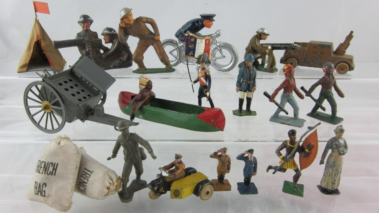 Varied Maker Unboxed Soldier Assortment.: UNBOXED Meccano Limited Dinky 35mm Rare Auto Association Motorcycle & 1 A.A. Scout saluting, policeman saluting, Grey Iron Machine Gunner, Barclay Motor Cop, Armored Car, Radioman & Machine Gun Team, 