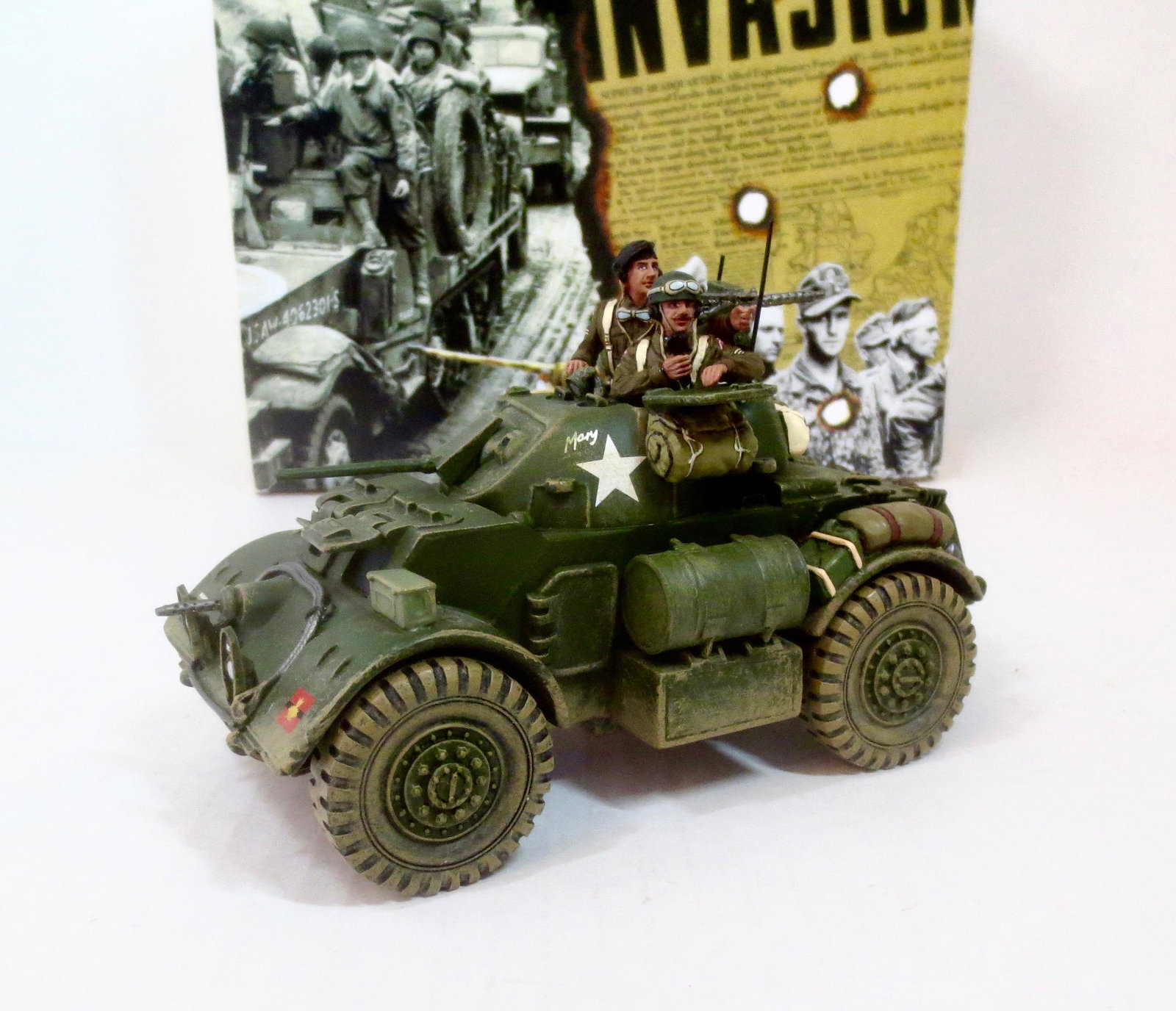 King & Country #DD60 “Staghound” Armored Car: Designed and built by the Americans but used exclusively by the Brits and Canadians! Canuck version, marked up as one of the 12th Manitoba Dragoons vehicles complete with commander and gunner figures.