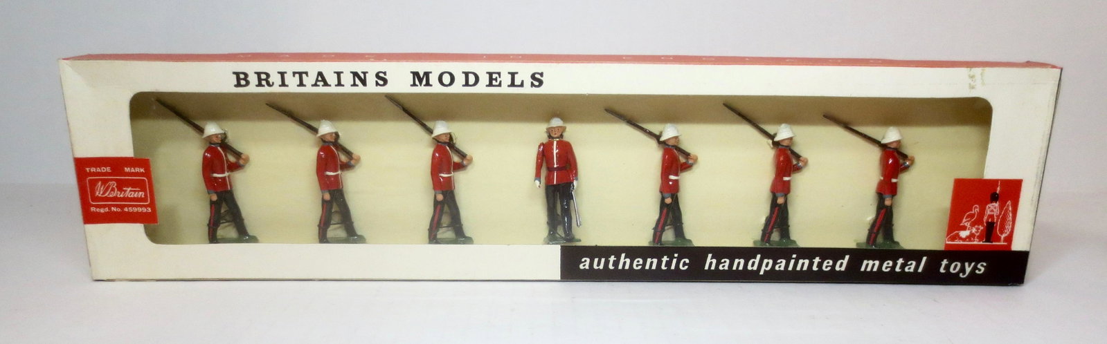 Britains set #9157 Princess Pat's Light Infantry: Canadian Infantry marching at the slope. Post war issue. 7 pieces. Mint condition, tied to card In original cellophane fronted box. Box excellent.