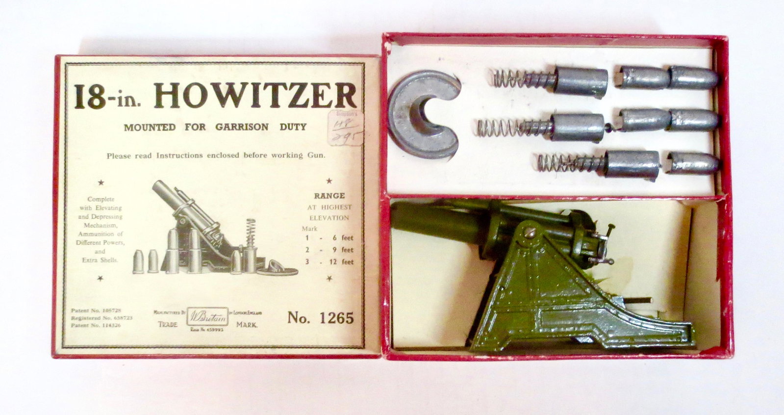 Britains #1265 RARE 18-in. Howitzer Set: Mounted for Garrison Duty. Complete with Elevating and Depressing Mechanism, Ammunition of Different Powers, and Extra Shells. Pre war issue. Excellent condition, with Illustrated box. Box excellent.
