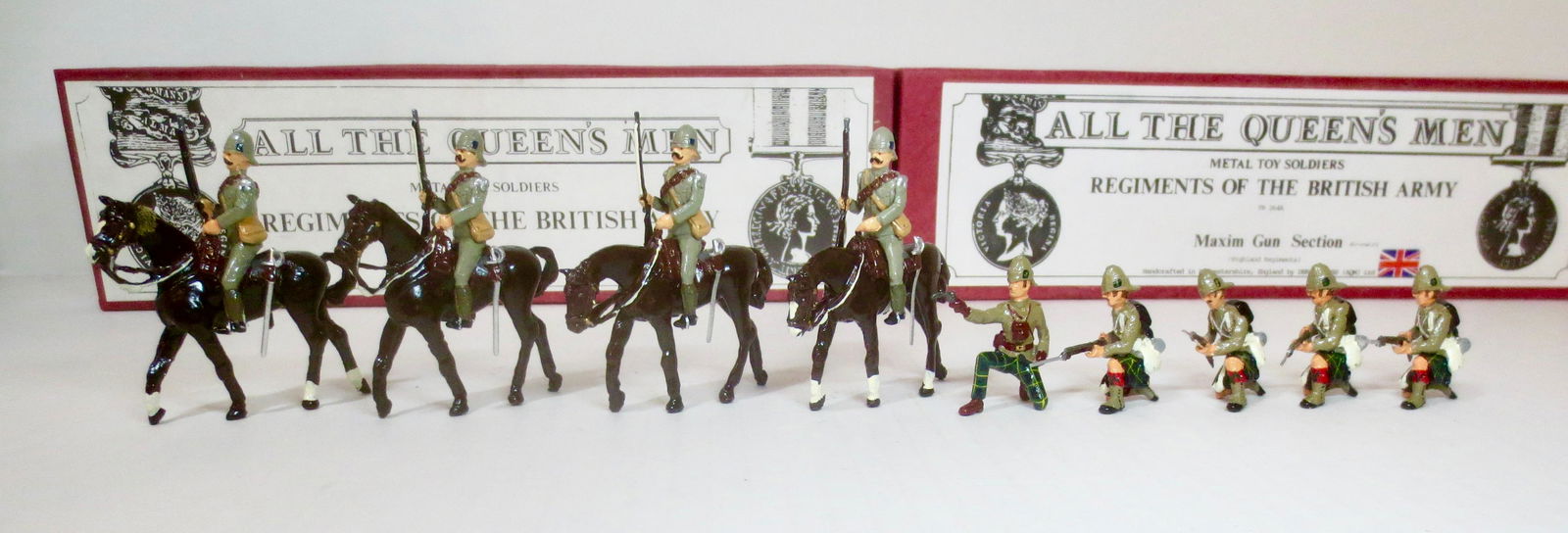 All The Queen's Men Boer War Boxed Sets: Includes; #TB264A Gordon Highlanders Maxim Gun Section, and #TB72 Boer War Troopers with Carbines. 9 pieces. Excellent condition. Boxes excellent.