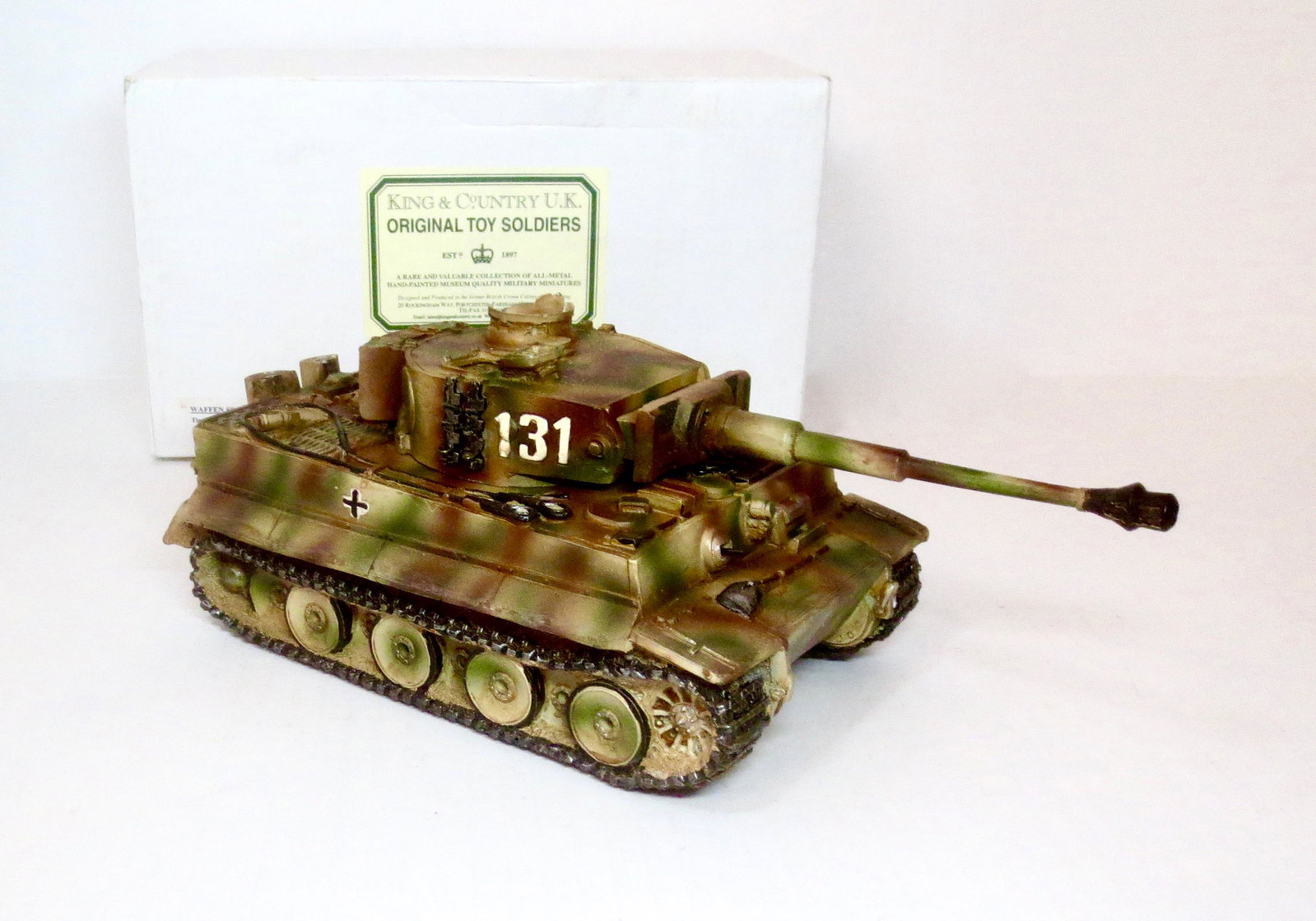 King & Country #WS025 Waffen Tiger Tank: Retired set. 2 pieces. Very good condition. Plain white K&C box good.