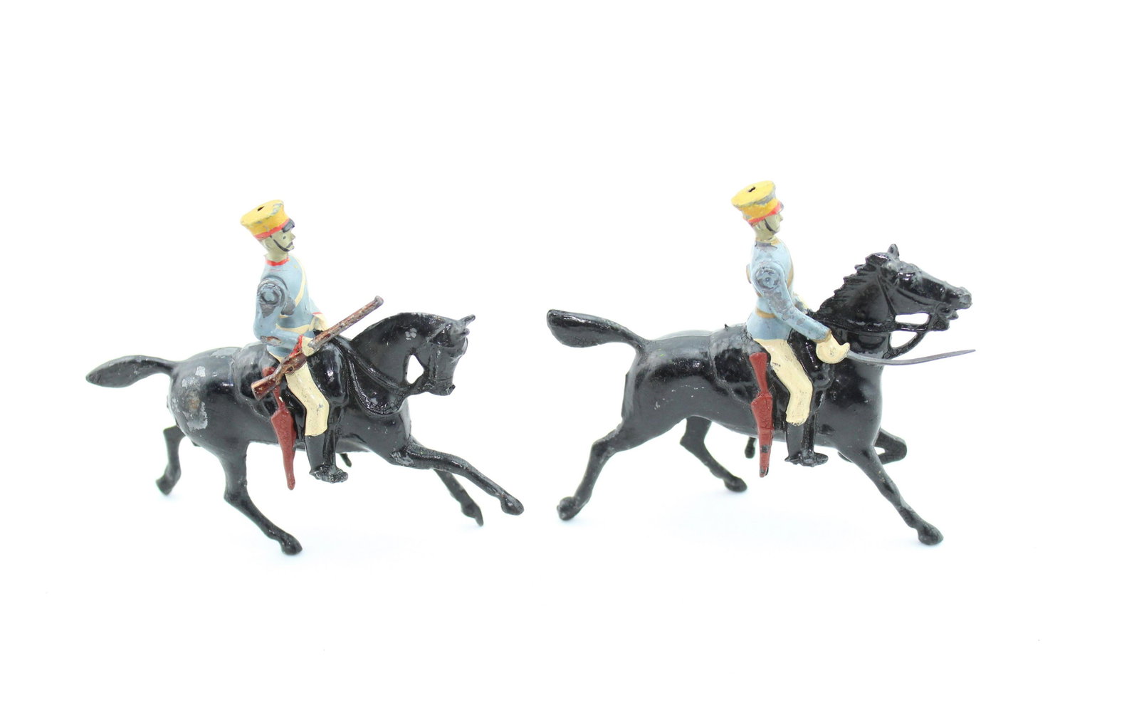 From Britains set # 135 Japanese Cavalry: Pre war officer and trooper. 2 pieces. Condition very good, paint chips on trooper's horse. No box