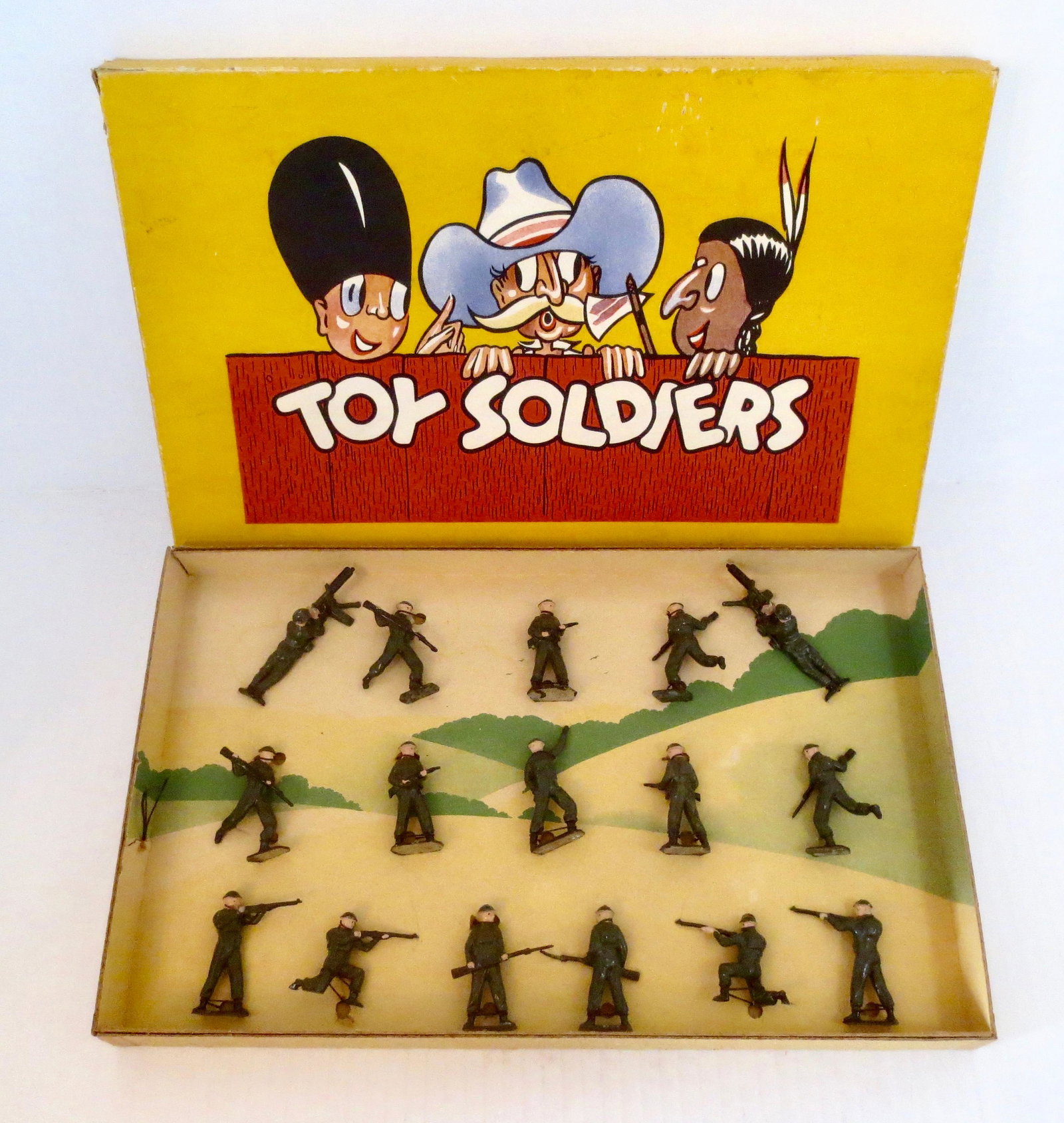 Britains #235s Infantry in Battle Dress: Britains Superfort Series, British Infantry in Battle Dress. Post war, circa 1951 in Illustrated Superfort series box. 16 pieces. Mint condition, still tied in the box on scenic insert card. Box good 