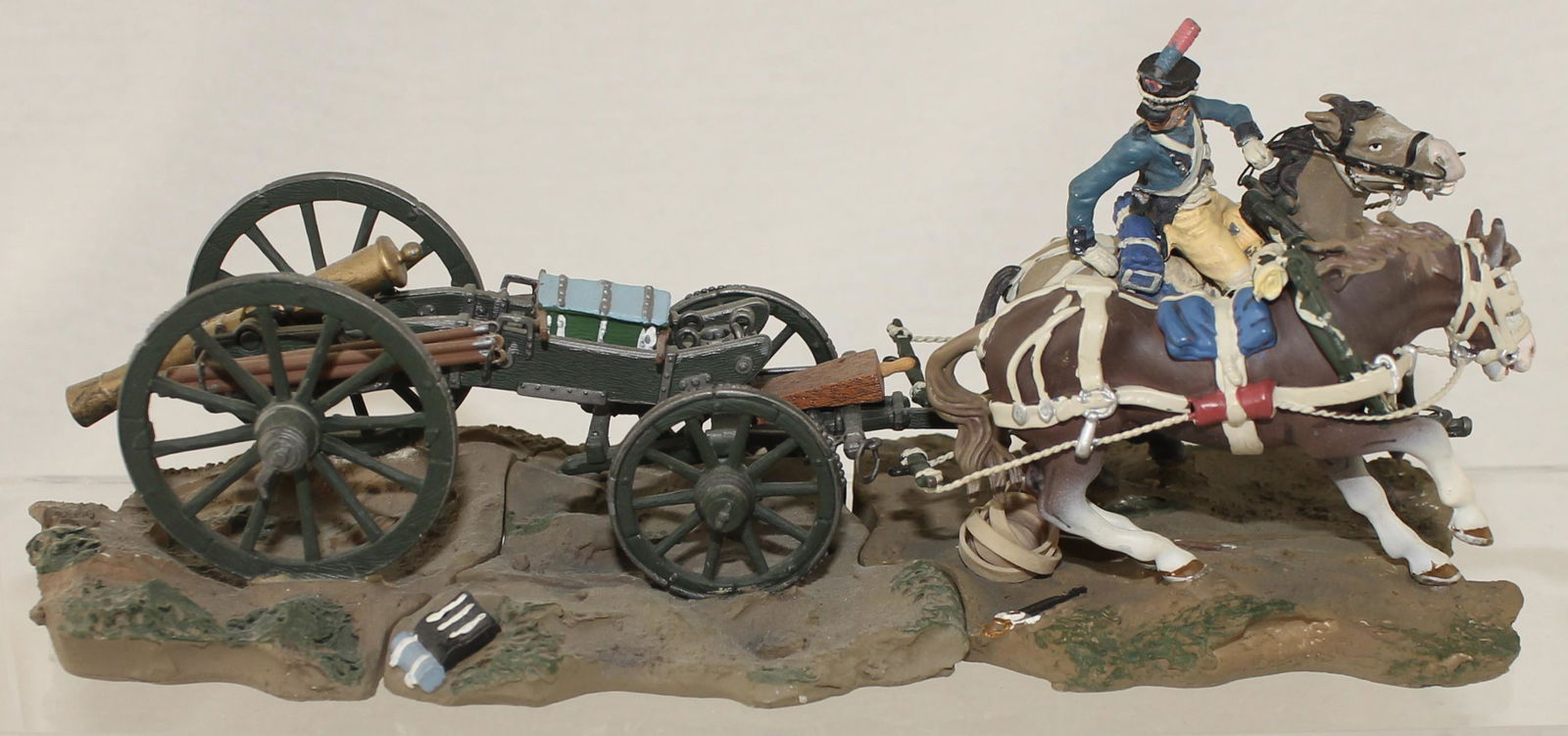 Napoleonic Gun Team Diorama: Napoleonic 75mm Gun Team Diorama. Metal Casting attached to a Sectional Resin Base. Maker Unknown. 4 Pieces. Condition Good. Horses Reins Detached. No Box.
