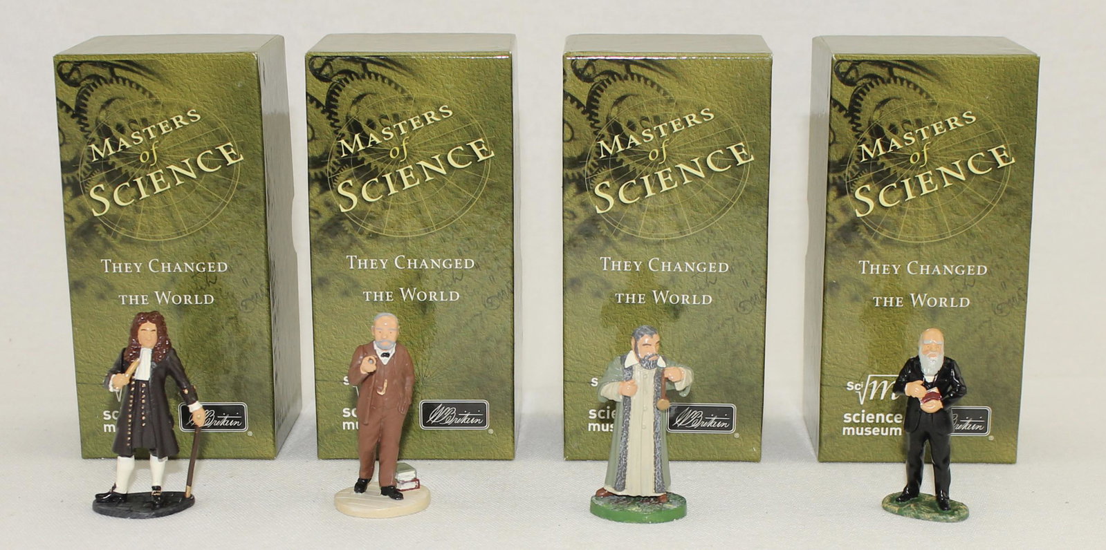 Britains Lot Great Scientific Leaders: Masters of Science Series. Lot includes Set #40231 Sir Isaac Newton, Set #40282 Sigmund Freud, Set #40284 Galileo and Set #40230 Darwin. 4 Pieces. Condition Near Mint. Boxes Excellent.