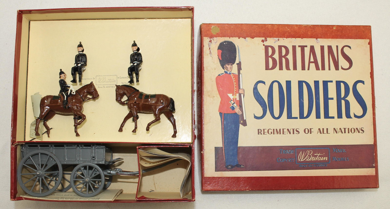 Britains Set #146 Royal Army Service Corps: Regiments of All Nations. Royal Army Service Corps. Set #146. 5 Pieces. Tied in Box. Condition Mint. Box Very Good. Box Bottom Tattered and Faded.