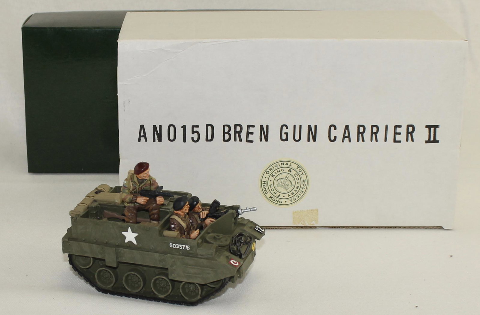 King and Country Set Bren Gun Carrier and Crew: World War II Arnhem. Bren Gun Carrier and Crew. Set #AN015. 4 Pieces. Condition Near Mint. Boxes Very Good.
