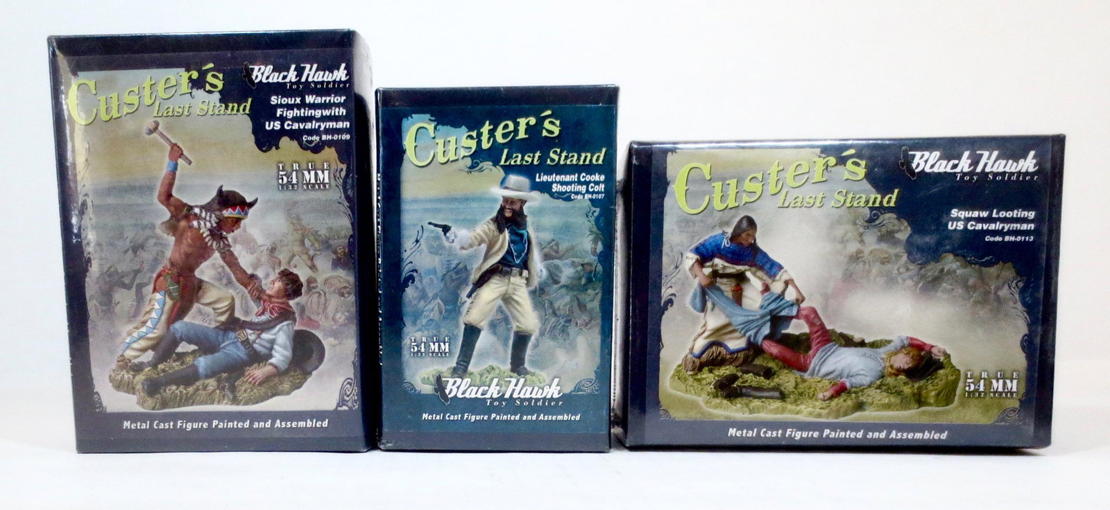 Black Hawk Custer's Last Stand Assortment: Includes; #BH0107 Lieutenant Cooke Shooting Colt, #BH0109 Sioux Warrior fighting US Cavalryman, and #BH0113 Squaw Looting Cavalryman. Excellent condition. New in unopened cellophane wrapped boxes.
