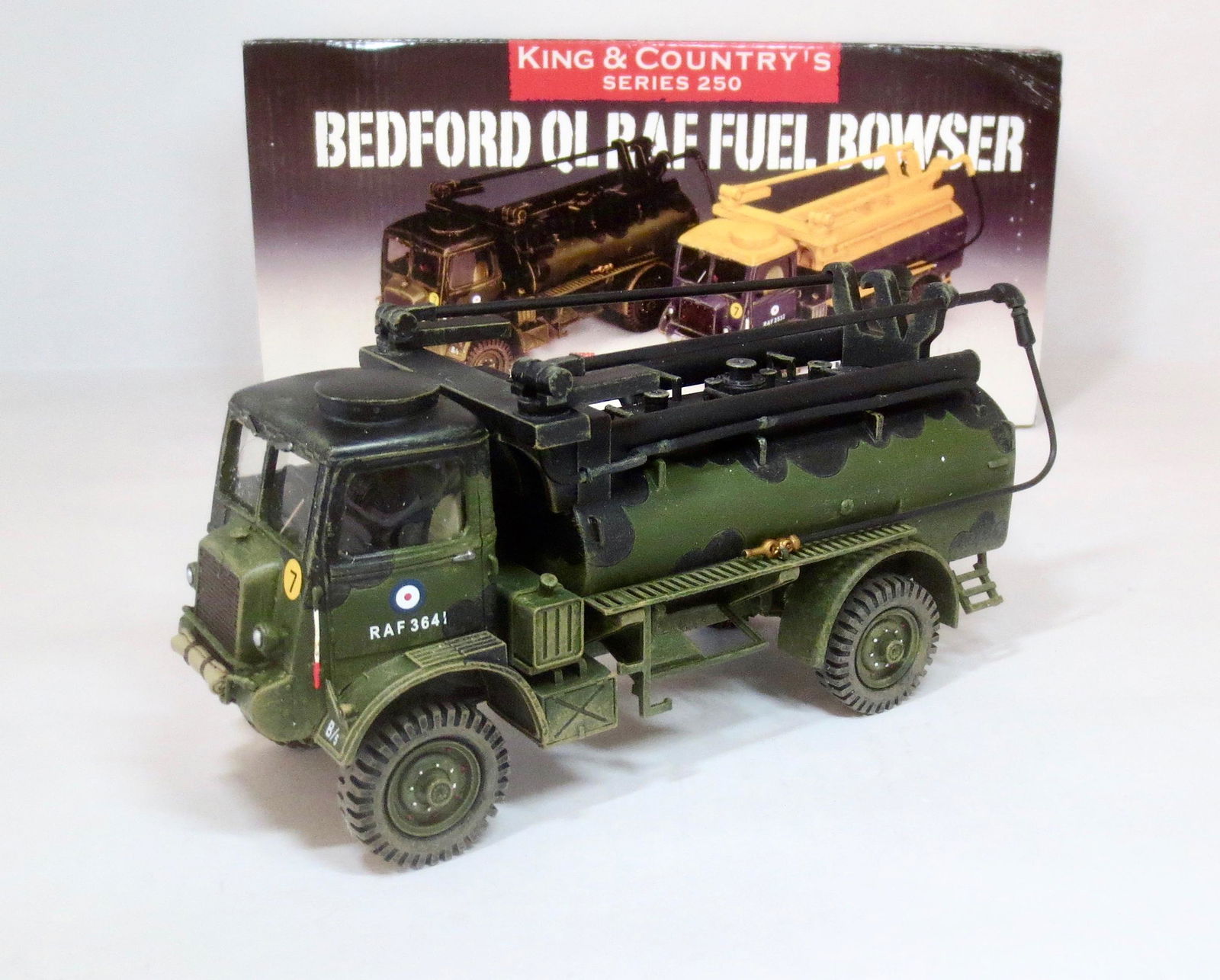 King & Country #RAF029: Bedford QL RAF Fuel Bowser (Normandy). This fuel bowser is in the “Mickey Mouse” pattern (black and olive drab) camouflage typical of RAF and British Army vehicles used on the continent after the