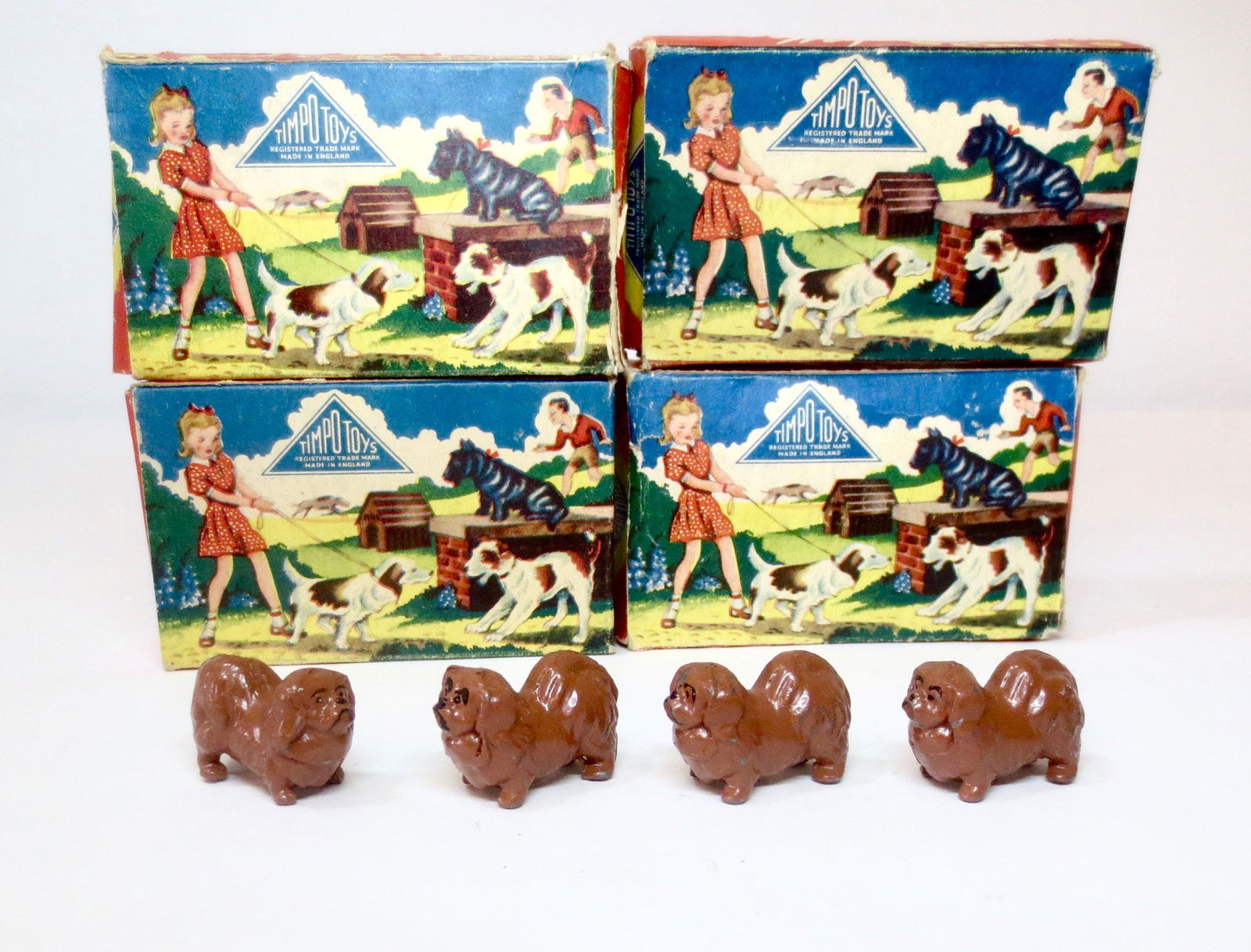 Timpo "My Pet Series" Pekinese: 4 pieces. Excellent condition. Boxes in good to fair condition.