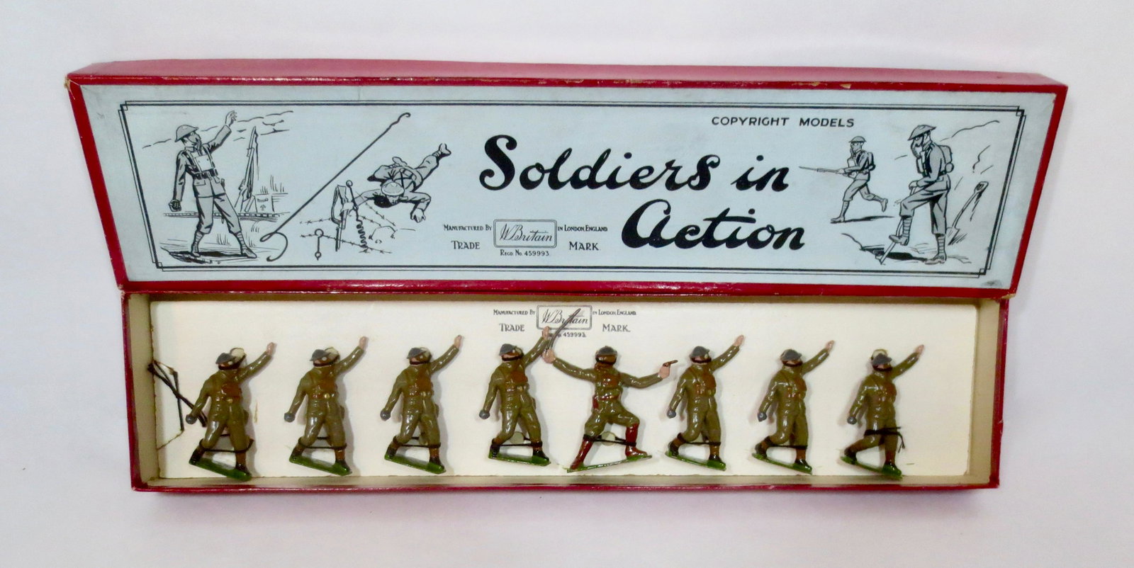 Britains #1612 British Infantry In Gasmasks: Pre war issue. 8 pieces. Mint condition, tied in original illustrated box. Box excellent.