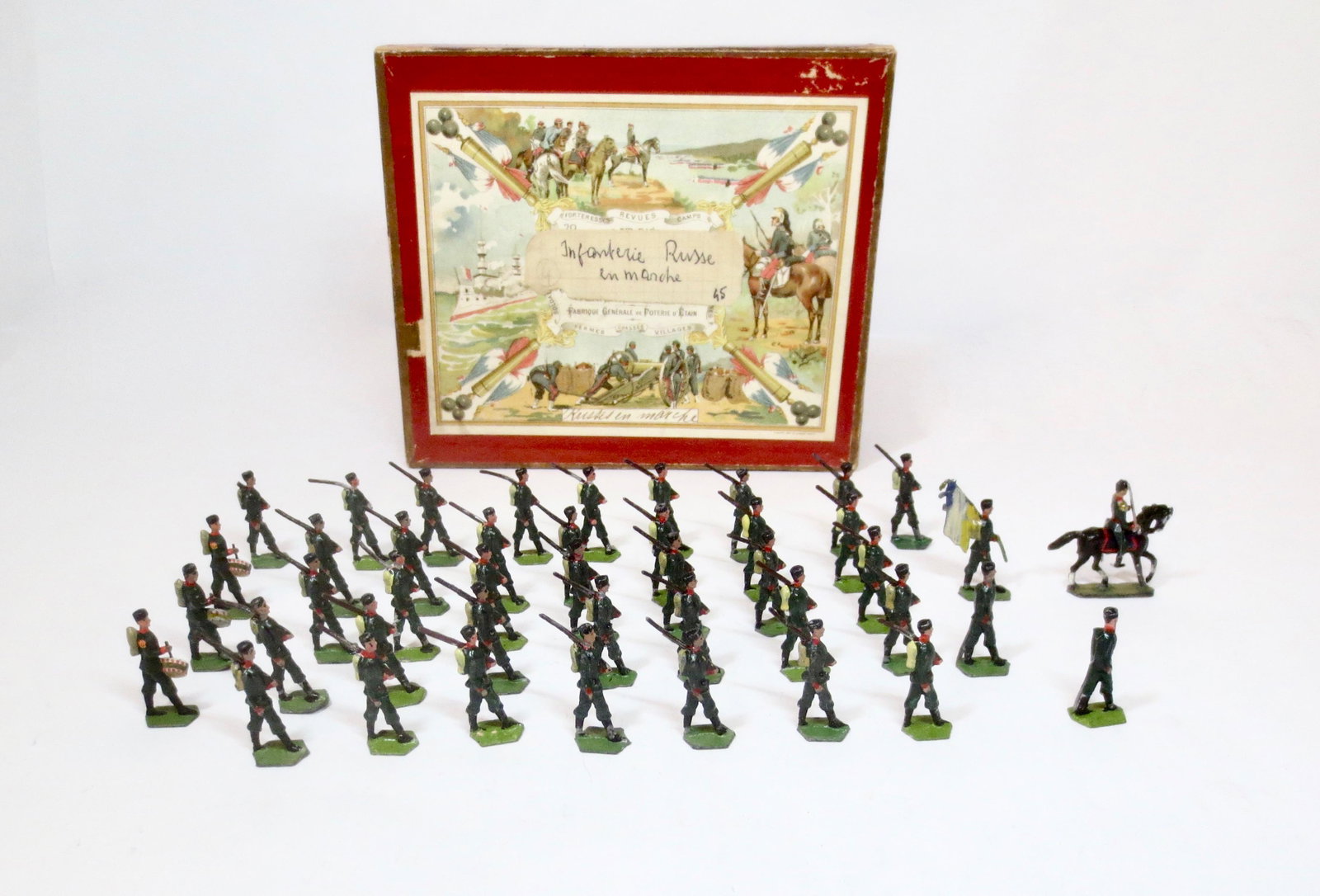 Early Demi Ronde Russian Infantry on the March: Impressive Regimental Infantry with Officers Mounted and on Foot, Flag Bearer, and Drummers. 30mm. 45 pieces. Near mint condition overall (one broken rifle). Lovely illustrated box, excellent.
