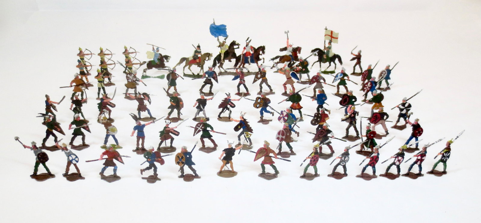 Massive Assortment of Mid 19th Century Flats: Includes a fine selection of 30mm Viking, Gauls, Goths, and Franks in Battle. Beautiful translucent paint. Heinrichsen or similar makers. Over 140 pieces. Excellent condition. Unboxed.