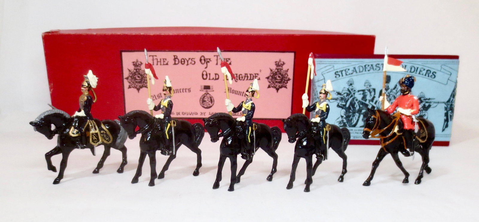 British and Indian Army Lancers: Boys of the Old Brigade British 21st Lancers, and Steadfast Indian Army Lancer. 5 pieces. Excellent overall condition (one lance missing tip). Boxes good.