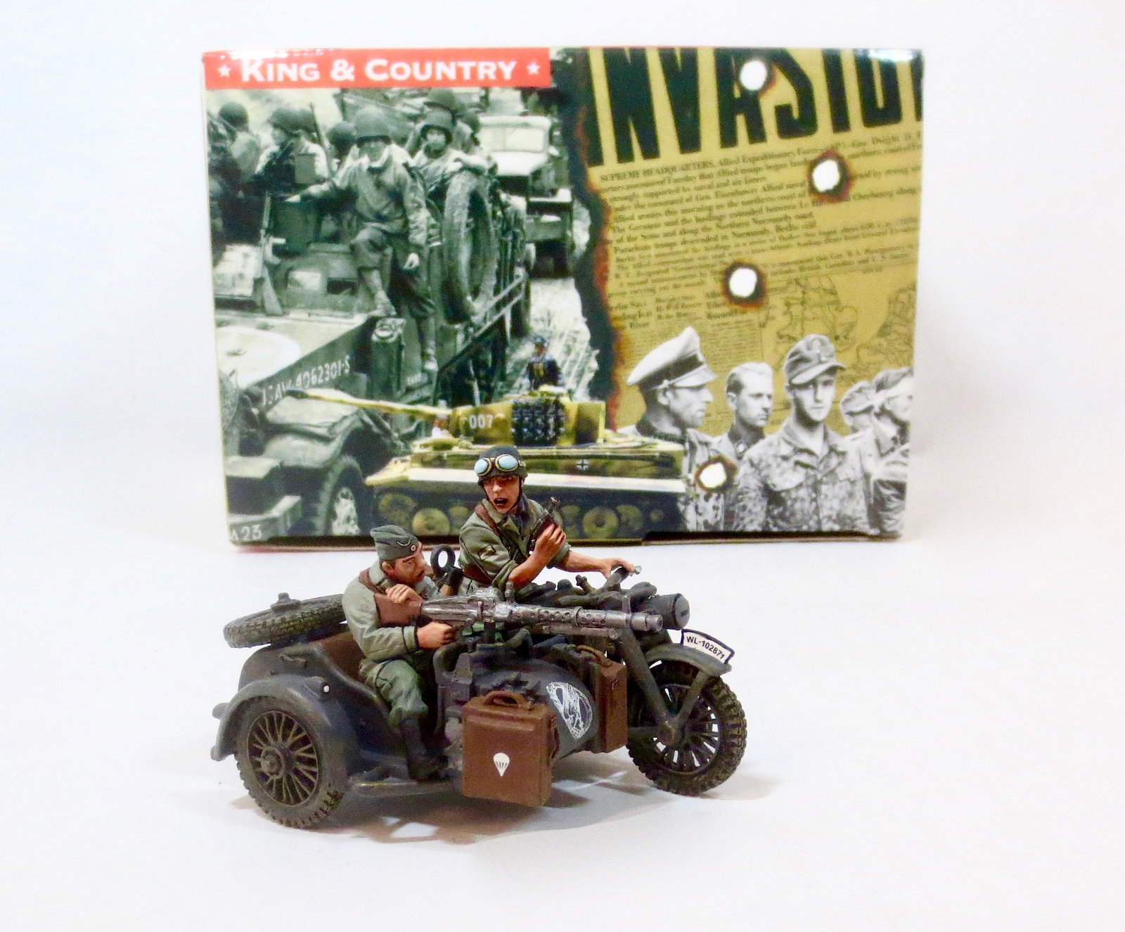 King & Country #FJ008-07 FJ Motorcycle Combo: A highly mobile “fire team” on their BMW. 1 piece. Retired. Mint condition. Box excellent.