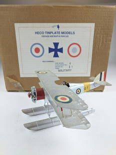 Heco Tinplate WWI British Float Plane: 2 Pieces Condition Excellent (Missing 1 Pilot) Box Very Good